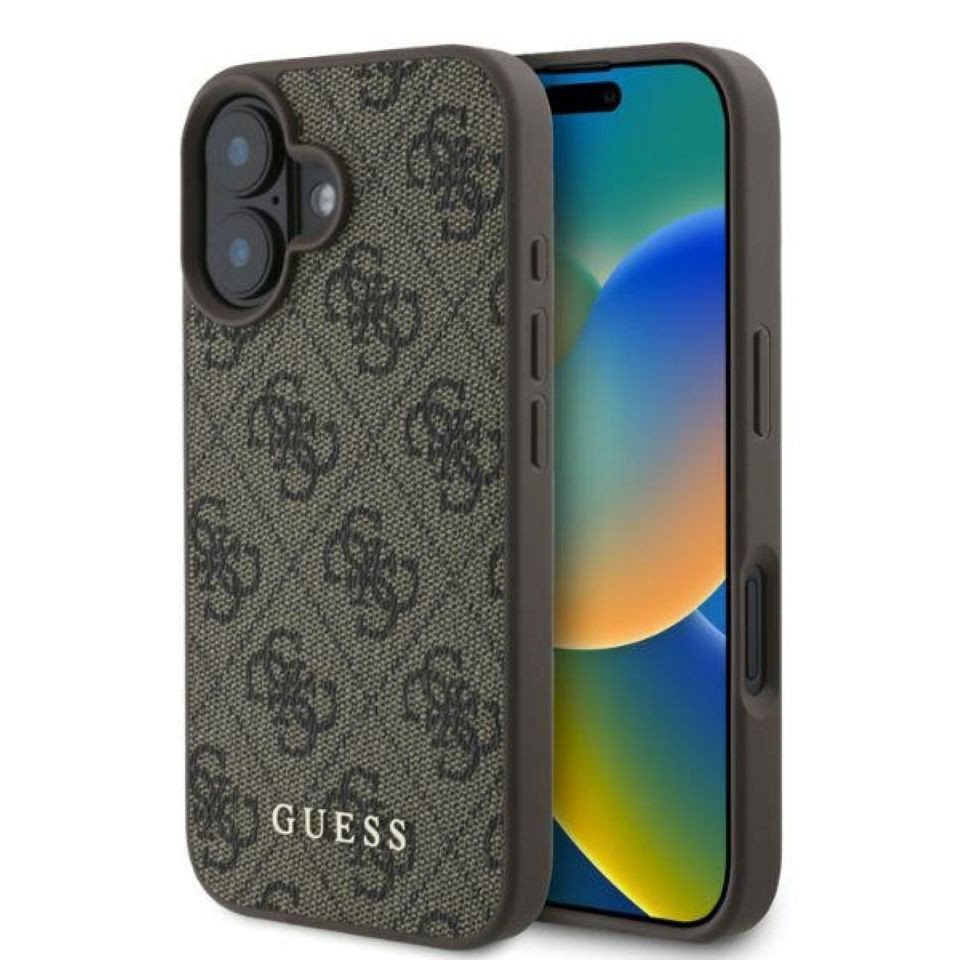 Guess Handyhülle iPhone 16 Kunstleder Muster braun Logo goldfarbig Guess Handyhülle iPhone 16 Kunstleder Muster braun Logo goldfarbig von Guess