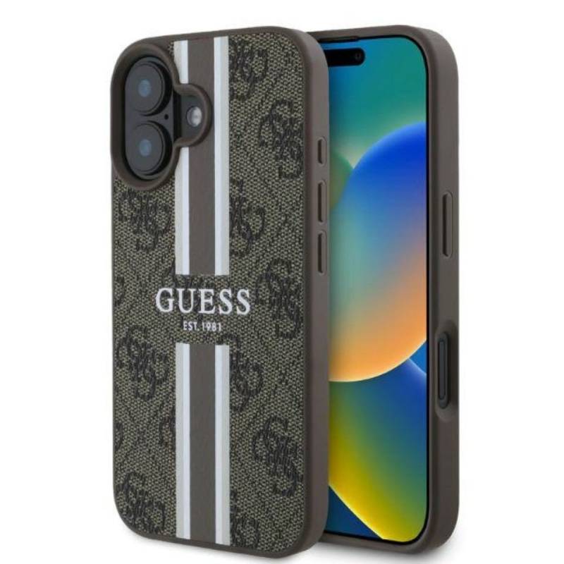 Guess Handyhülle iPhone 16 Kunstleder Muster braun Logo goldfarbig MagSafe 6,1 Zoll, Kantenschutz von Guess