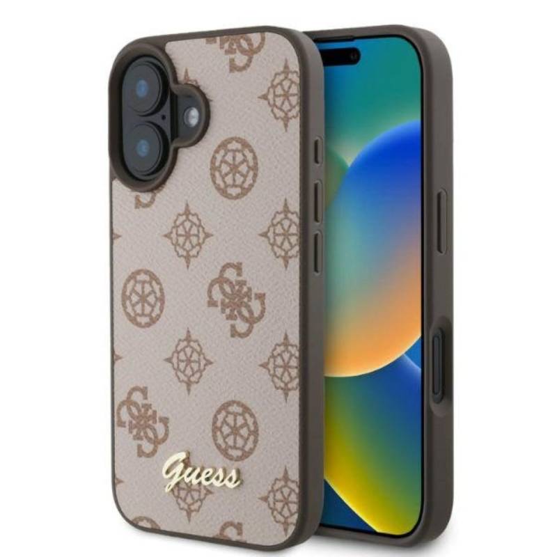 Guess Handyhülle iPhone 16 Kunstleder rosa braun Logo goldfarben MagSafe kompatibel 6,1 Zoll, Kantenschutz von Guess