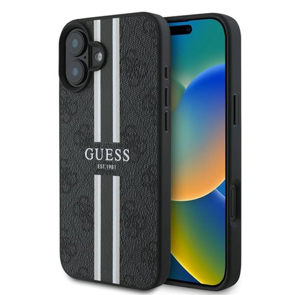 Guess Handyhülle iPhone 16 Plus Kunstleder Muster grau Logo goldfarbig MagSafe 6,7 Zoll, Kantenschutz Guess Handyhülle iPhone 16 Plus Kunstleder Muster grau Logo goldfarbig MagSafe 6,7 Zoll, Kantenschutz von Guess