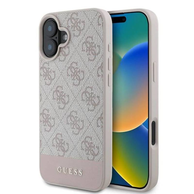 Guess Handyhülle iPhone 16 Plus Kunstleder rosa mit Logo goldfarben 6,7 Zoll, Kantenschutz von Guess