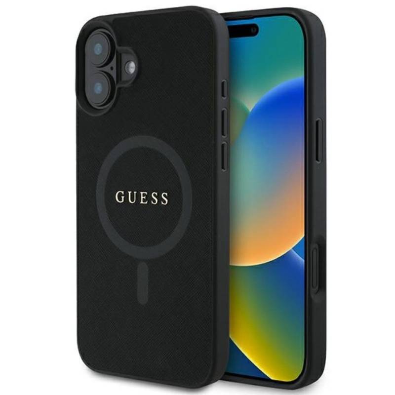Guess Handyhülle iPhone 16 Plus schwarz glitzernde Optik Logo goldfarbig MagSafe 6,7 Zoll, Kantenschutz von Guess