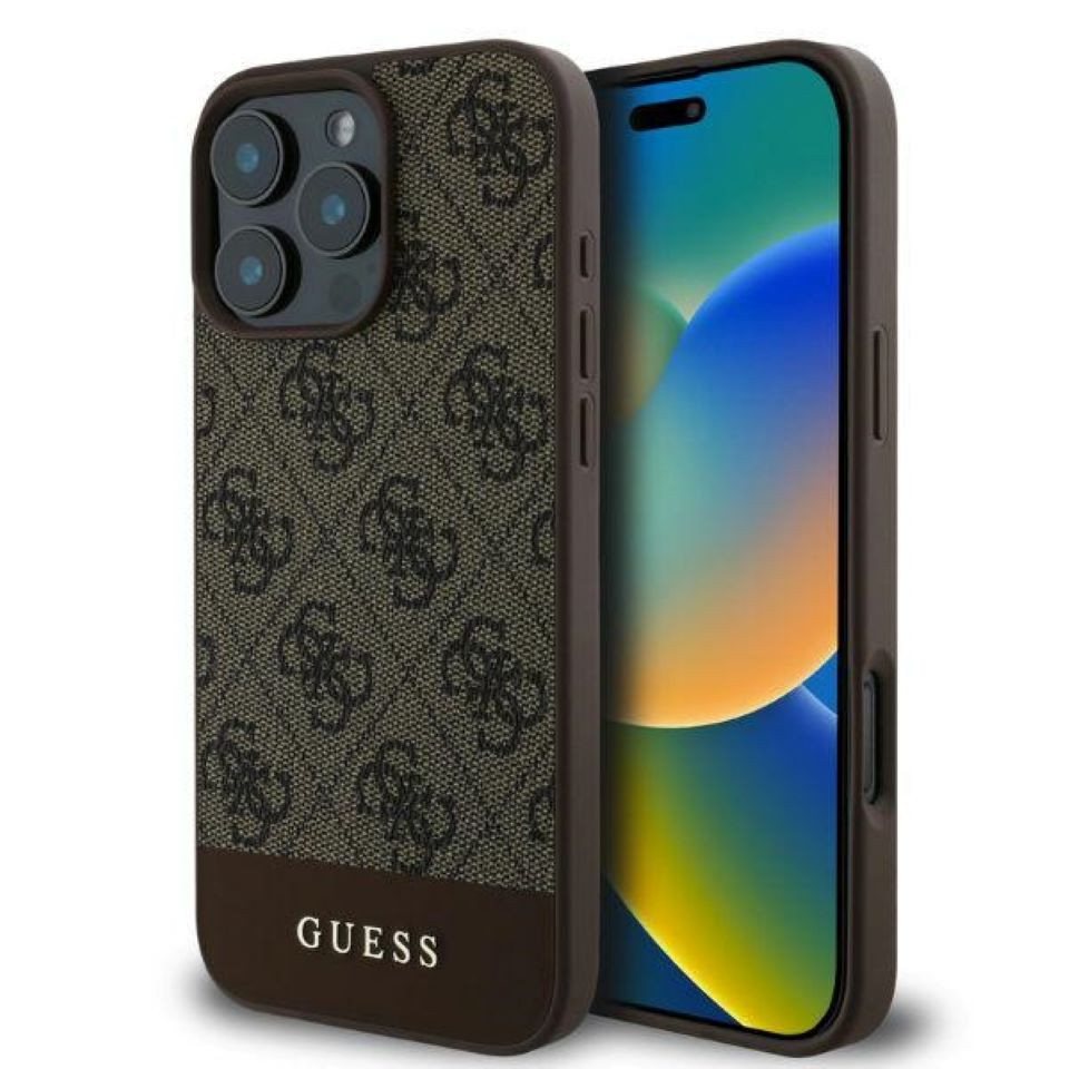 Guess Handyhülle iPhone 16 Pro Kunstleder braun Muster mit goldfarbigen Logo 6,3 Zoll, Kantenschutz Guess Handyhülle iPhone 16 Pro Kunstleder braun Muster mit goldfarbigen Logo 6,3 Zoll, Kantenschutz von Guess