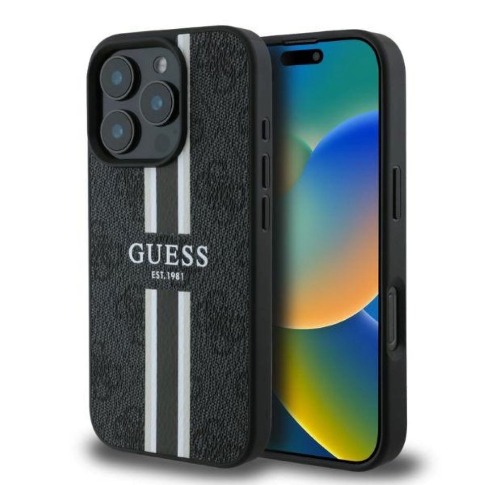 Guess Handyhülle iPhone 16 Pro Kunstleder grau mit Logo Muster Streifen MagSafe 6,3 Zoll, Kantenschutz Guess Handyhülle iPhone 16 Pro Kunstleder grau mit Logo Muster Streifen MagSafe 6,3 Zoll, Kantenschutz von Guess