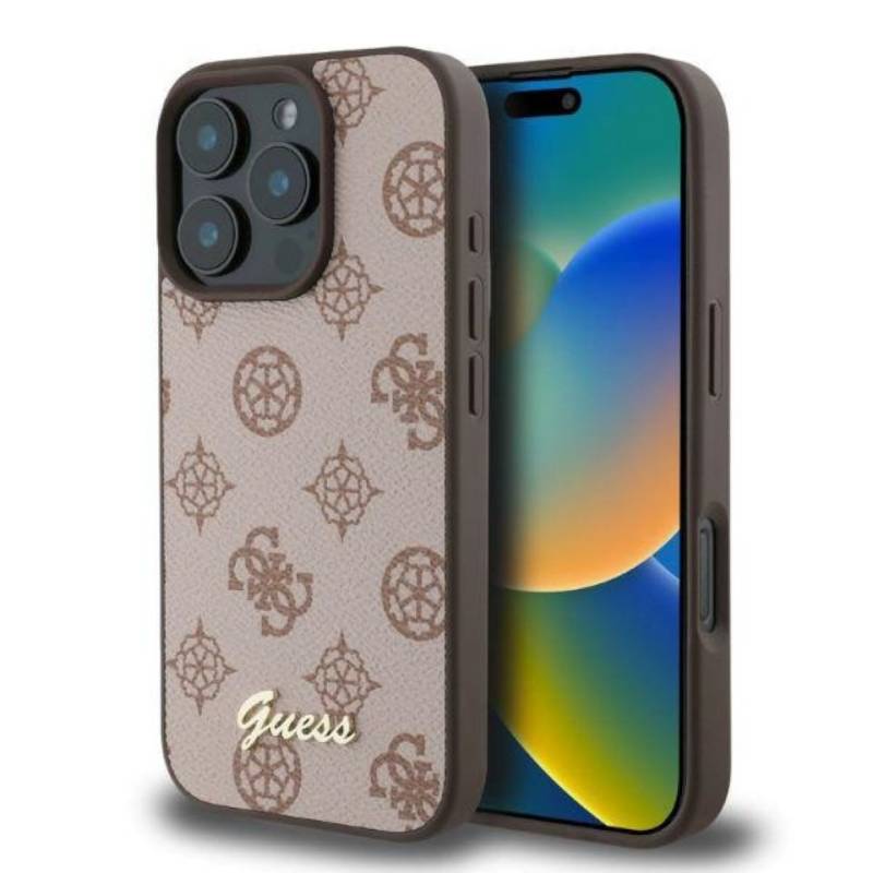 Guess Handyhülle iPhone 16 Pro Kunstleder rosa braun Logo goldfarben MagSafe kompatibel 6,3 Zoll, Kantenschutz von Guess