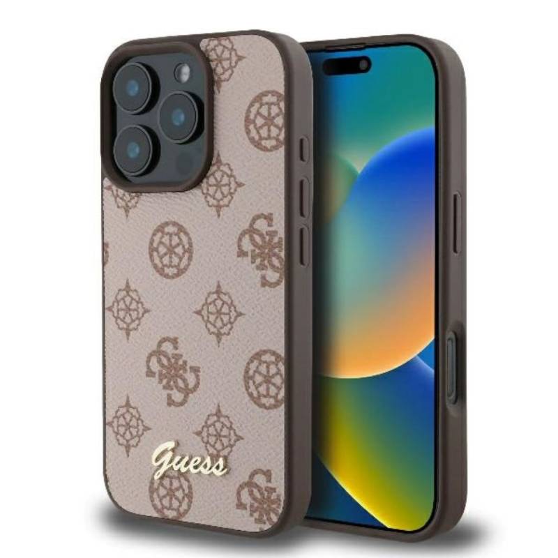 Guess Handyhülle iPhone 16 Pro Max Kunstleder braun rosa MagSafe Logo goldfarbig 6,9 Zoll, Kantenschutz von Guess