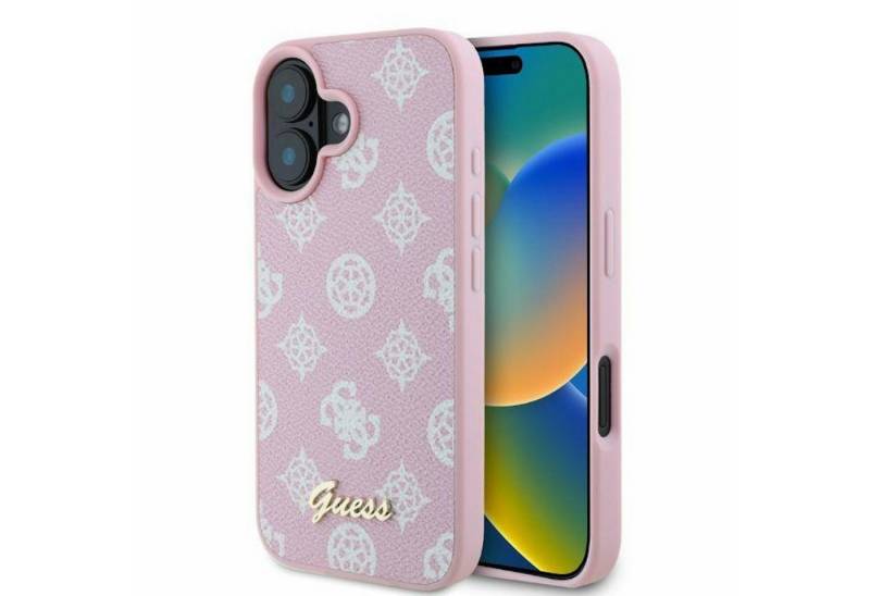 Guess Smartphone-Hülle GUESS Apple iPhone 16 Hardcase Design Peony Script MagSafe Hülle Pink von Guess