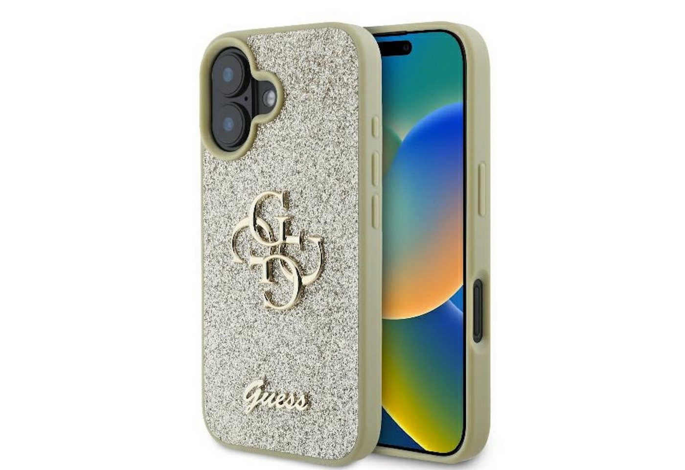 Guess Smartphone-Hülle GUESS Apple iPhone 16 Plus Fixed Glitter Big 4G Design Hülle Gold von Guess