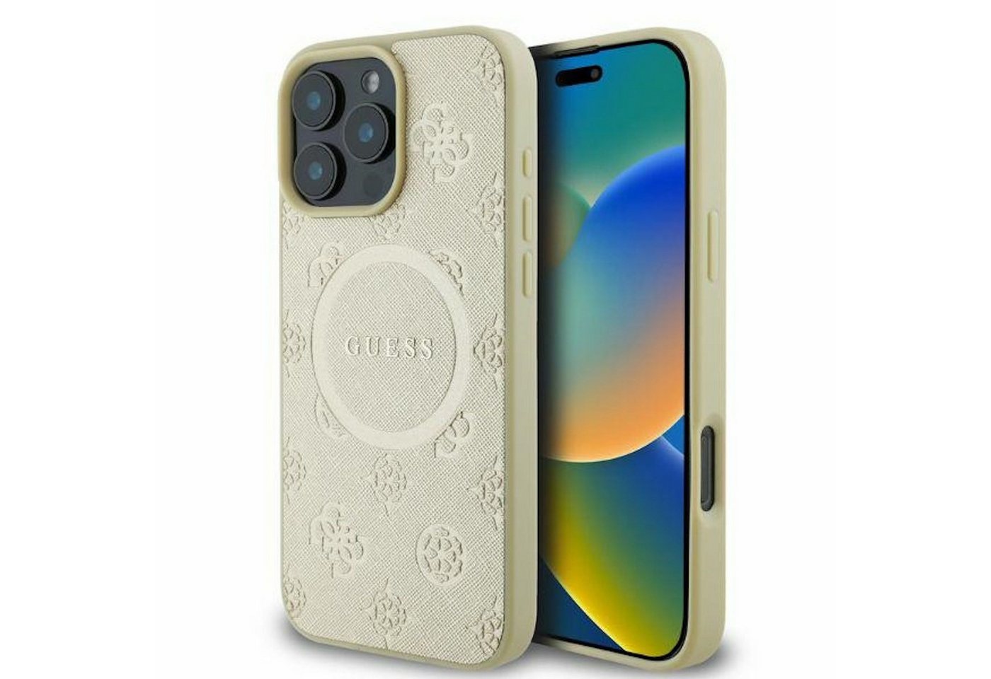 Guess Smartphone-Hülle GUESS Apple iPhone 16 Pro Saffiano Peony Classic Logo MagSafe Gold Guess Smartphone-Hülle GUESS Apple iPhone 16 Pro Saffiano Peony Classic Logo MagSafe Gold von Guess