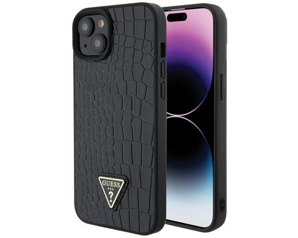 Guess Smartphone-Hülle Guess Apple iPhone 15 Hülle Case Croco Triangle Metal Logo Schwarz von Guess