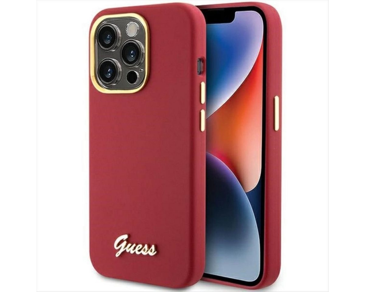 Guess Smartphone-Hülle Guess Apple iPhone 15 Pro Hardcase Silikon Script Metal Logo & Frame von Guess