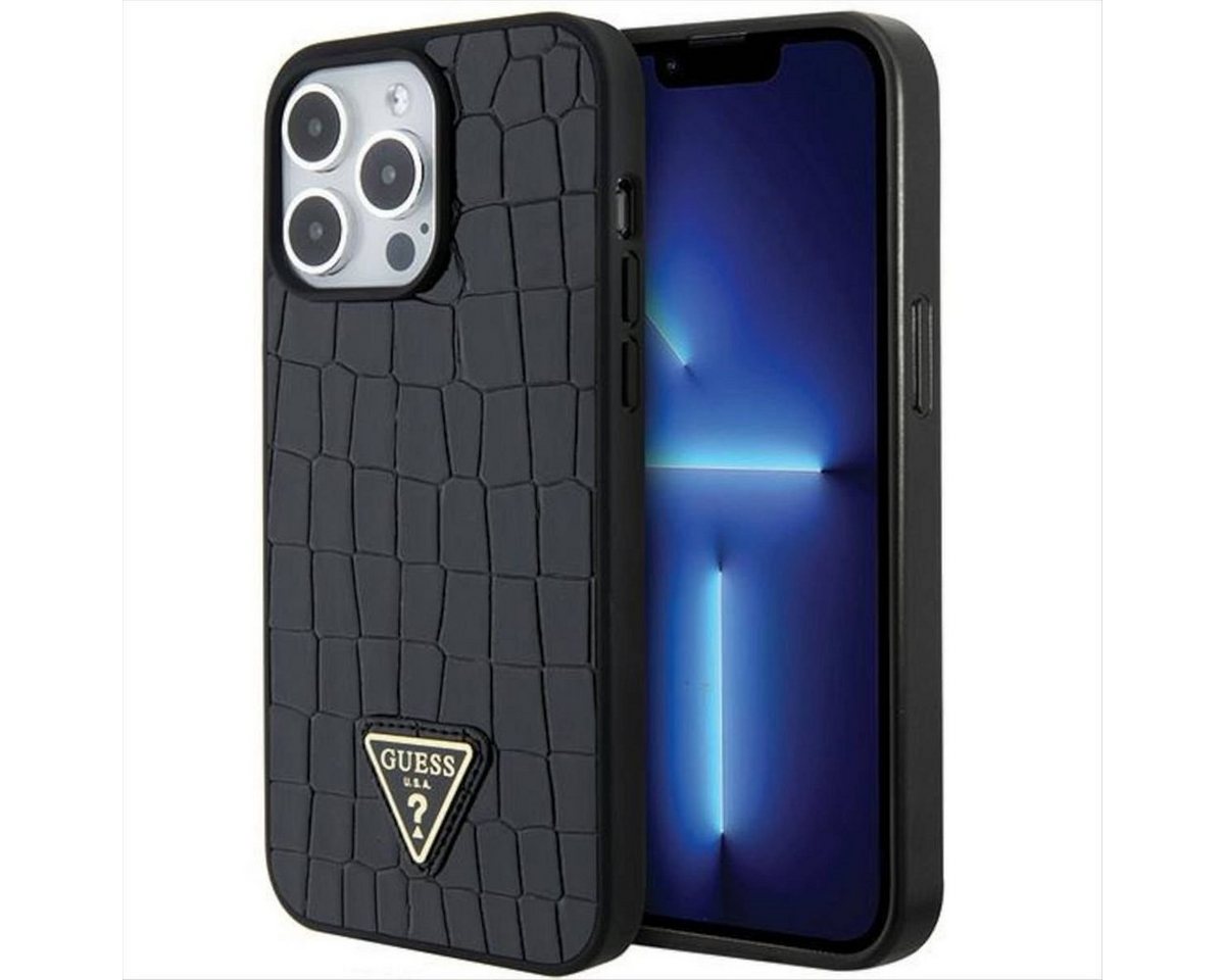 Guess Smartphone-Hülle Guess Apple iPhone 15 Pro Max Hülle Croco Triangle Metal Logo Schwarz von Guess