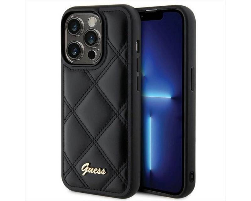 Guess Smartphone-Hülle Guess Apple iPhone 15 Pro Max Schutzhülle Quilted Metal Logo Schwarz von Guess