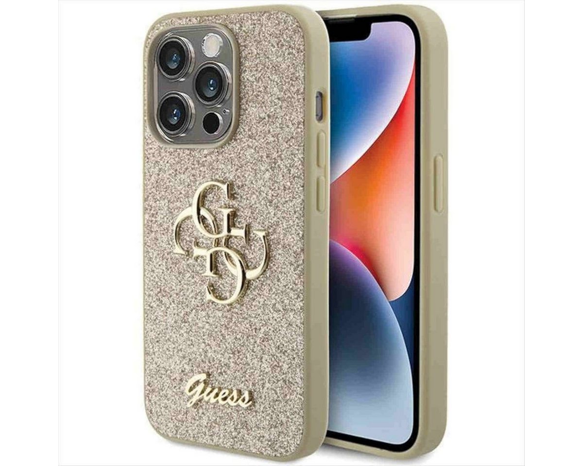 Guess Smartphone-Hülle Guess Apple iPhone 15 Pro Schutzhülle Case Glitter Script Big 4G Gold von Guess