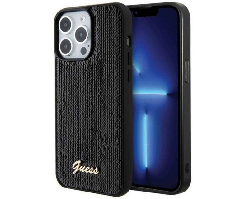 Guess Smartphone-Hülle Guess Apple iPhone 15 Pro Schutzhülle Case Sequin Script Metal Schwarz von Guess