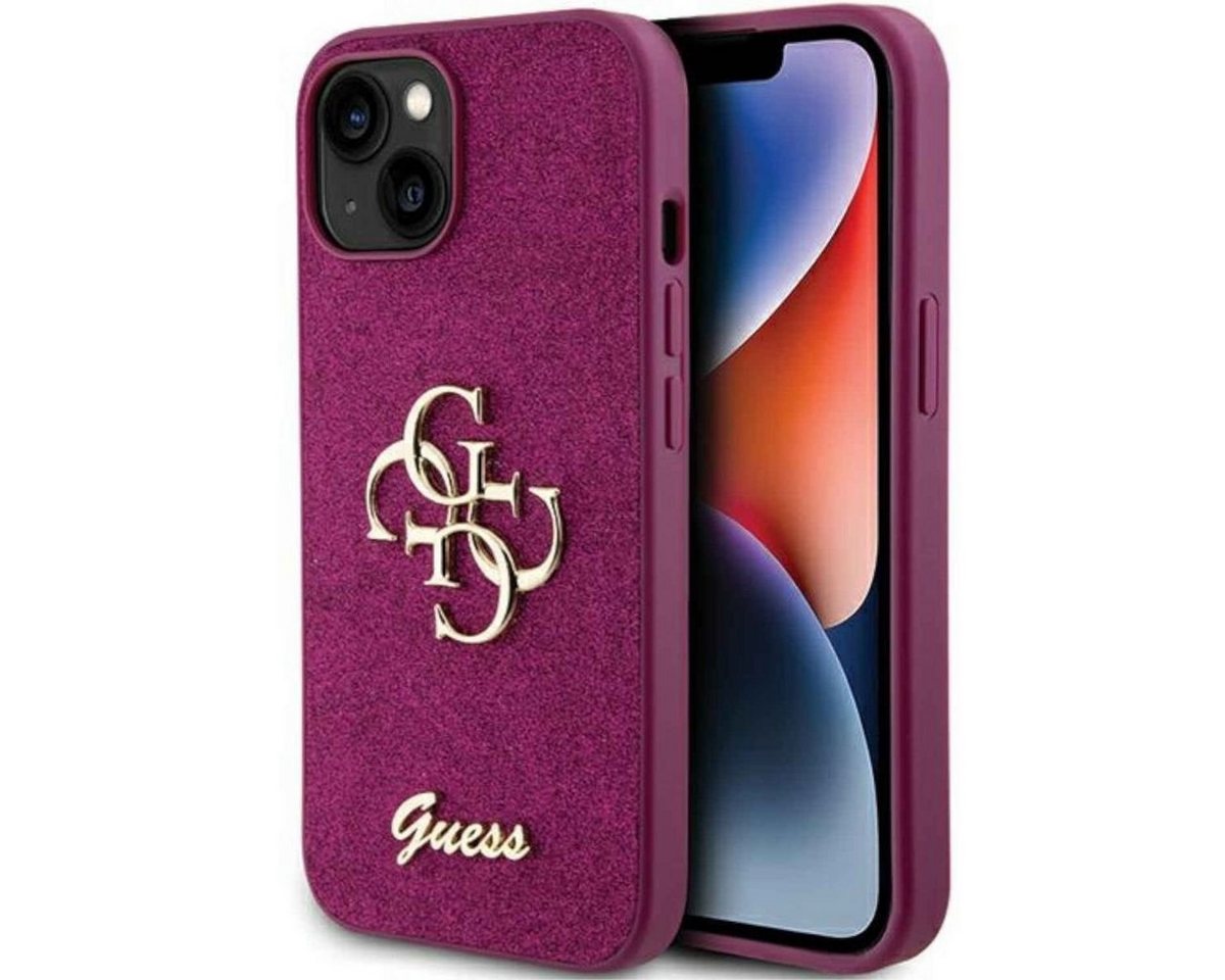 Guess Smartphone-Hülle Guess Apple iPhone 15 Schutzhülle Case Glitter Script Big 4G Lila von Guess