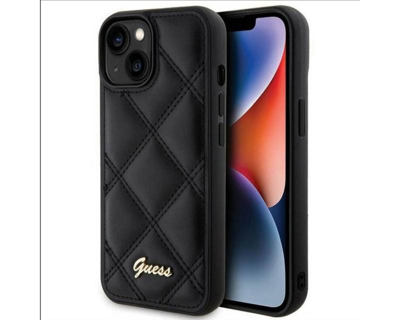 Guess Smartphone-Hülle Guess Apple iPhone 15 Schutzhülle Case Quilted Metal Logo Schwarz von Guess