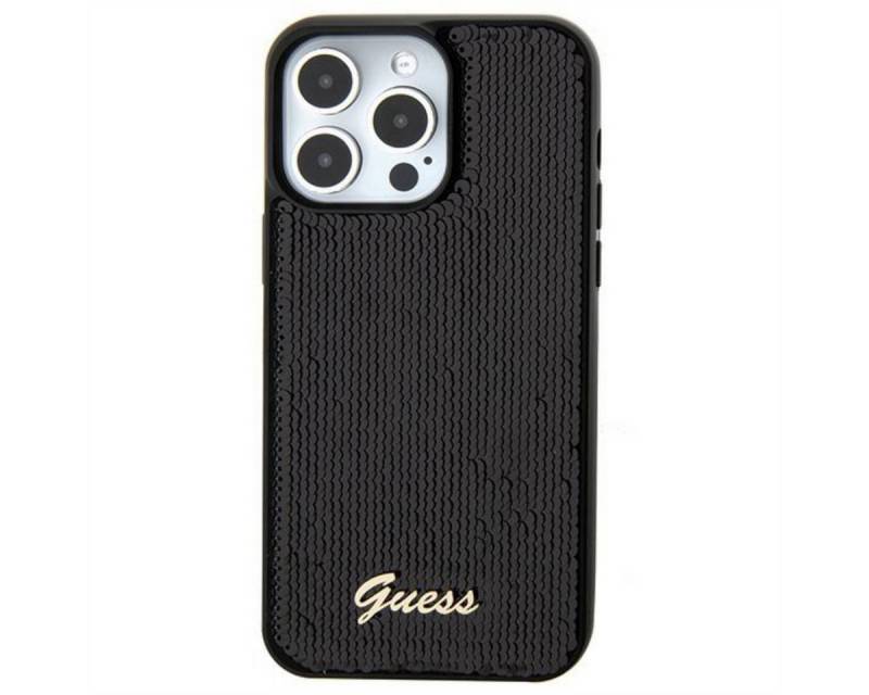 Guess Smartphone-Hülle Guess Apple iPhone 15 Schutzhülle Case Sequin Script Metal Schwarz von Guess