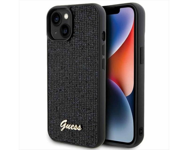 Guess Smartphone-Hülle Guess Apple iPhone 15 Schutzhülle Cover Disco Metal Script Schwarz von Guess