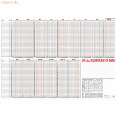 Güss Urlaubsübersicht 120x80cm für 60 Mitarbeiter Kalendarium 2024 von Güss