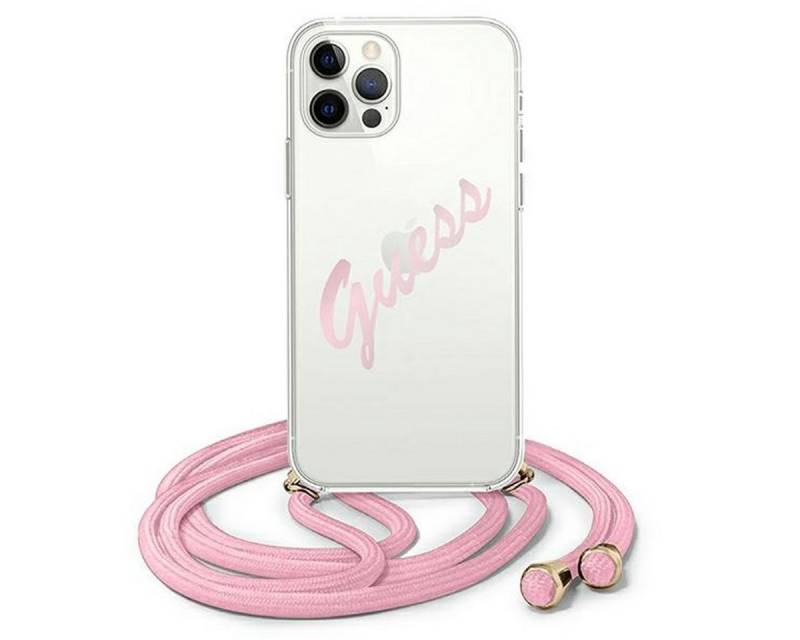 Handyhülle Guess Vintage Script Apple iPhone 12 / 12 Pro Pink Kette Crossbody Hard Case Cover Schutzhülle Etui von Guess