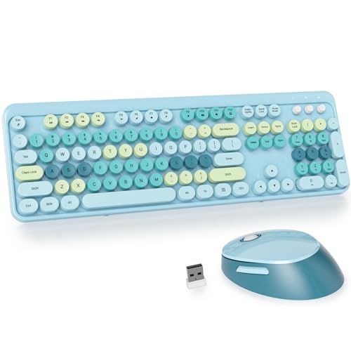 GTSP Schreibmaschine, bunt, kabellose Tastatur und Maus, 2,4 GHz, Retro-Tastatur mit runden Tastenkappen für Desktop-Laptop und PC, Hellblau von Guffercty kred