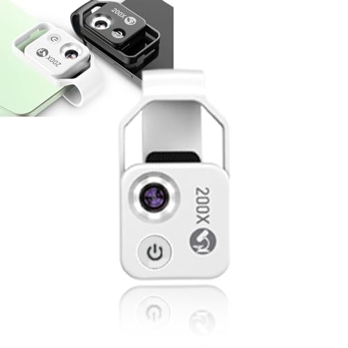 200X Telefon--Taschenmikroskop, Zoom-Handy-Außenobjektiv, Tragbare Digitale Mikroskop-Kameraaufsätze, mit CPL-Objektiv-LED-Licht, Universelles Clip-Design (White) von Gugxiom