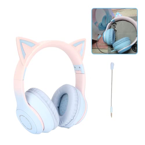 Gugxiom Cat-Ear-Kopfhörer, Kabellose Gaming-Headsets über Bluetooth 5.1/3,5 Mm AUX-Kabel, Faltbare Kopfhörer mit 7-farbigen LED-Leuchten und 4 LED-Modi für Mädchen(Blau) von Gugxiom