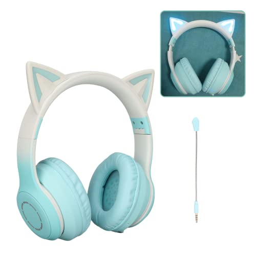 Gugxiom Cat-Ear-Kopfhörer, Kabellose Gaming-Headsets über Bluetooth 5.1/3,5 Mm AUX-Kabel, Faltbare Kopfhörer mit 7-farbigen LED-Leuchten und 4 LED-Modi für Mädchen(Gemüse) von Gugxiom