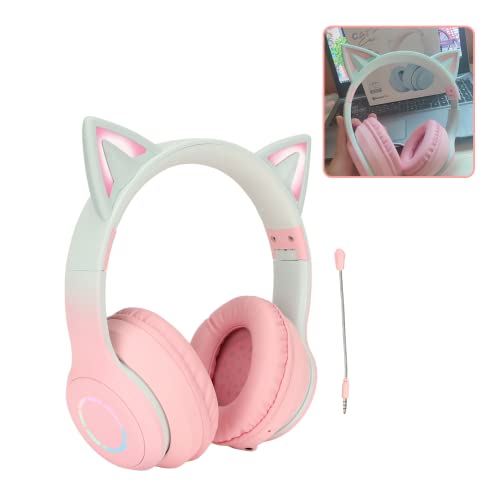 Gugxiom Cat-Ear-Kopfhörer, Kabellose Gaming-Headsets über Bluetooth 5.1/3,5 Mm AUX-Kabel, Faltbare Kopfhörer mit 7-farbigen LED-Leuchten und 4 LED-Modi für Mädchen(Rosa) von Gugxiom