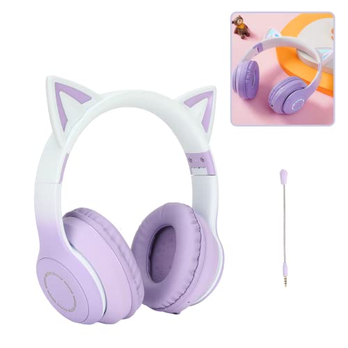 Gugxiom Cat-Ear-Kopfhörer, Kabellose Gaming-Headsets über Bluetooth 5.1/3,5 Mm AUX-Kabel, Faltbare Kopfhörer mit 7-farbigen LED-Leuchten und 4 LED-Modi für Mädchen(Violett) von Gugxiom