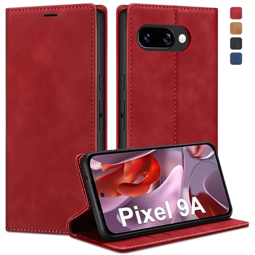 Guisessy Handyhülle für Google Pixel 9a Hülle Leder, Premium Klappbar Flip Wallet mit Magnet Kartenfach Standfunktion Schutzhülle Stoßfeste Klapphülle für Google Pixel 9a, Rot von Guisessy