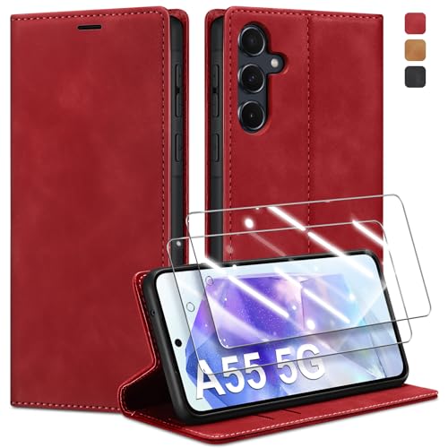 Guisessy Handyhülle für Samsung Galaxy A55 5G Hülle Leder und 2 Schutzfolie, Premium Klappbar Flip Wallet mit Magnet Kartenfach Standfunktion Schutzhülle für Samsung A55 5G, Rot von Guisessy