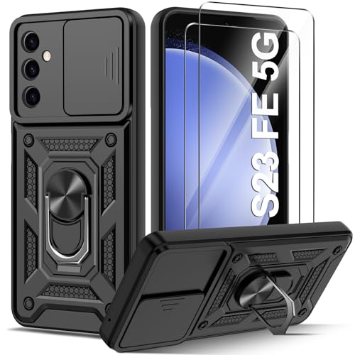 Guisessy für Samsung Galaxy S23 FE 5G Hülle, Samsung S23 FE 5G Hülle Kameraschutz mit Slide Camera und [2 Stück] Schutzfolie, Drehbarer Fingerring Ständer Militärqualität Stoßfest (Schwarz) von Guisessy