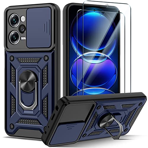 Guisessy für Xiaomi Redmi Note 12 Pro 5G Hülle, Xiaomi Poco X5 Pro 5G Hülle Kameraschutz mit Slide Camera und [2 Stück] Schutzfolie, Drehbarer Fingerring Ständer Militärqualität Stoßfest - Blau von Guisessy