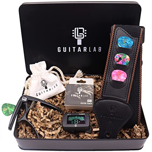 Guitar Lab Gitarrenzubehör Geschenkbox | Gitarrenplektren-Dose, Gitarrengurt, Kapodaster, elektronisches Stimmgerät | Perfekt für Gitarrenliebhaber Geschenke von Guitar Lab