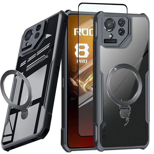 Guizzcg für ASUS ROG Phone 8 Pro 5G Hülle, mit Ringständer, TPU-Stoßfänger + Schlank AcrylRückseite Handyhülle Airbag Schutzhülle Sturzfest[1 Stück Schutzgla],Ständer schwarz von Guizzcg