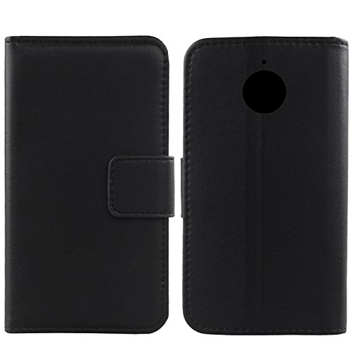 Gukas Design Echt Leder Tasche Für Moto E4 Plus XT1771 5.5" 2017 Hülle Lederhülle Handyhülle Handy Flip Brieftasche mit Kartenfächer Schutz Protektiv Genuine Premium Case Cover Etui Skin (Schwarz) von Gukas