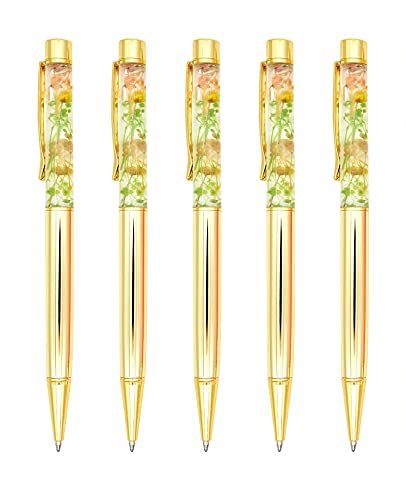 Gullor 5 Stück Flüssigkugelschreiber mit Blumenmuster als Geschenk, ausgefallenes Metall, einzigartiges Blumen-Set für Schreibtischzubehör, Gold von Gullor