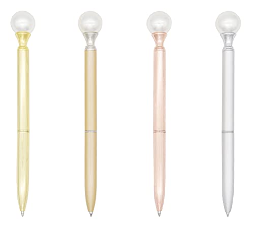 Gullor Metall-Kugelschreiber mit großer Perle, mittlerer Punkt, schwarze Tinte, 4 Stück, 4 Farben(Gold, Silber, Roségold, Champagner) von Gullor