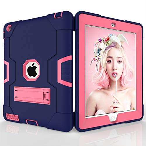 Schutzhülle für iPad 2/3/4, stoßfest, Hybrid-Hülle, 3 Schichten aus Kunststoff und Gummi, strapazierfähig, mit Ständer, Full Body Armor Defender, Drop Proof Blau Marineblau/Rose von GuluGuru