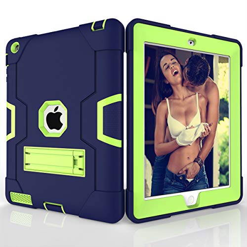 Schutzhülle für iPad 2/3/4, stoßfest, Hybrid-Hülle, 3 Schichten aus Kunststoff und Gummi, strapazierfähig, mit Ständer, Full Body Armor Defender, Drop Proof Blau Navy/Olivine von GuluGuru