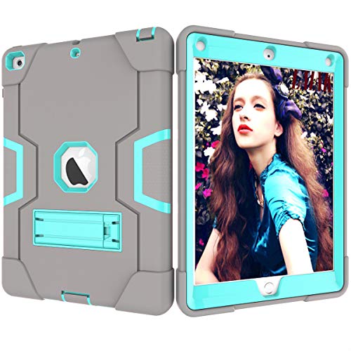 Schutzhülle für iPad 9.7 2018/2017 [stoßfeste Hybrid-Hülle] 3 Schichten Kunststoff und Gummi, strapazierfähig, mit Ständer, Full Body Armor Defender, Drop Proof Grau Grey/Aqua von GuluGuru