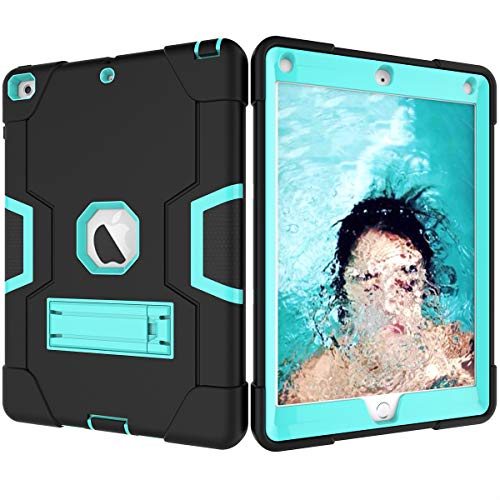 Schutzhülle für iPad 9.7 2018/2017 [stoßfeste Hybrid-Hülle] 3 Schichten Kunststoff und Gummi, strapazierfähig, mit Ständer, Full Body Armor Defender, Drop Proof Schwarz Black/Aqua von GuluGuru