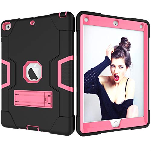 Schutzhülle für iPad 9.7 2018/2017 [stoßfeste Hybrid-Hülle] 3 Schichten Kunststoff und Gummi, strapazierfähig, mit Ständer, Full Body Armor Defender, Drop Proof Schwarz schwarz/rosa von GuluGuru