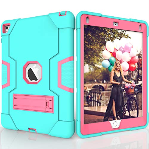 Schutzhülle für iPad Air 2 (2014 Release) [stoßfeste Hybrid-Hülle] 3 Schichten Kunststoff und Gummi, strapazierfähig, mit Ständer, Full Body Armor Defender, Drop Proof Grün Aqua/Rose von GuluGuru