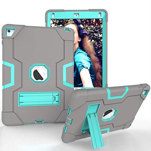 Schutzhülle für iPad Pro 9,7 Zoll (Modell 2016), stoßfest, Hybrid-Hülle, 3 Schichten Kunststoff und Gummi, strapazierfähig, mit Ständer, Full Body Armor Defender, Drop Proof Grau Grey/Aqua von GuluGuru