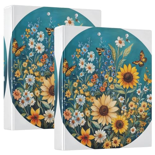 Runde Ringe Notizblock Ordner 1 und einen halben Zoll mit Taschen 1/2 Pack Schulmaterial Hardcover Herbst Blumen Sonnenblume Klint Schmetterlinge Bienen von GuoChe