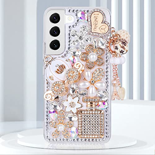 Guppy Für Galaxy S23 Bling Hülle, 3D Bling Shiny Strass Diamant Kristall Perle Handmade Anhänger Eisen Tower Kürbis Auto Blumen Weiche Schutzhülle Anti-Fall Case für Galaxy S23 (Transparent) von Guppy