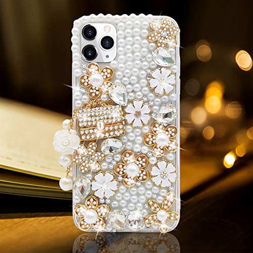 Guppy Für iPhone 11 Pro Max Hülle Frauen Luxus 3D Bling Glänzend Strass Diamant Kristall Perle Handmade Anhänger Handtasche Blumen Weiche Schutzhülle Anti-Fall Case für iPhone 11 Pro Max von Guppy